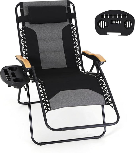 MFSTUDIO Zero Gravity Chairs, Oversized Patio Recliner Chair, Padded Folding Lawn Chair with Cup Holder Tray, Support 400lbs, Black