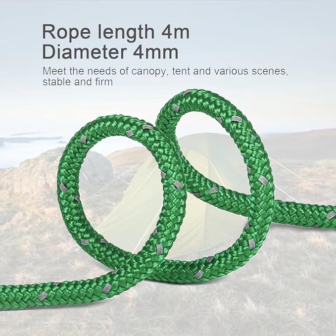 8 Pack 4mm Guy Lines Ultralight Tent Cords with Aluminum Adjuster Tensioner Outdoor Camping Guylines Ropes for Tent Tarp,Climbing,Hiking Backpacking (Green)