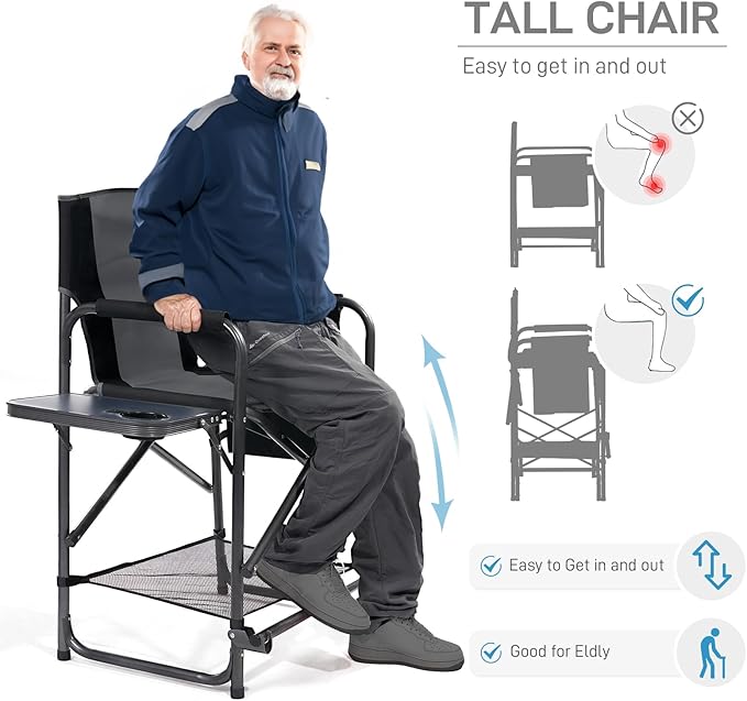 EVER ADVANCED Medium Tall Directors Chair Foldable Makeup Artist Chair Bar Height with Side Table Cup Holder and Pocket Footrest, Supports 400LBS (Grey, Seat Height: 23.2 inches)