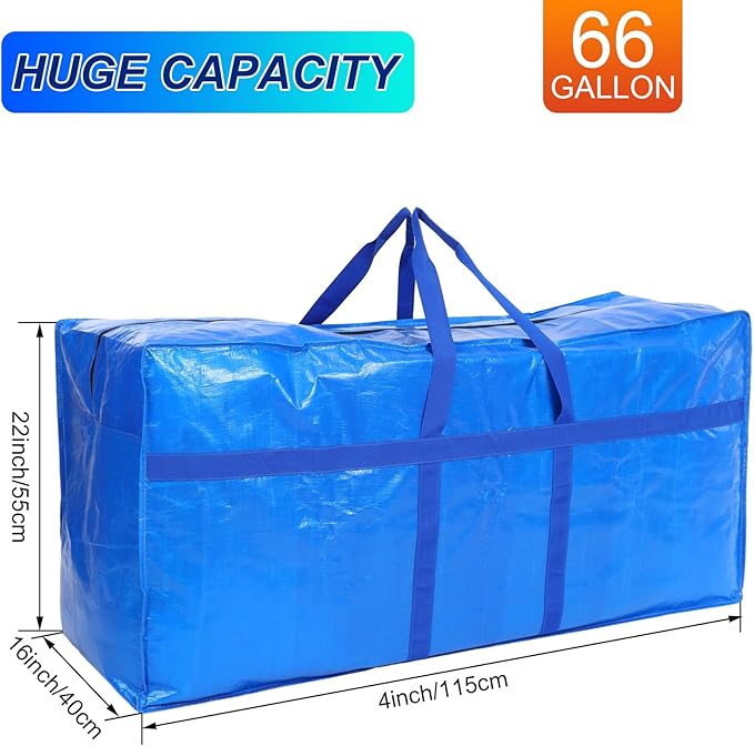 4 Pcs 66 Gallon Large Moving Bags with Zipper and Handles Foldable Storage Duffle Bags Heavy Duty Extra Large Totes for College Dorm Travel Clothes Blankets Bedding Moving (Blue)