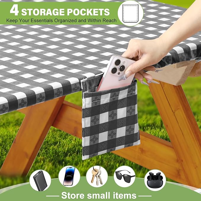 Fitted Picnic Table Cover with Bench Covers Waterproof Elastic Edges Rectangle Patio Tablecloth Outdoor Camping Essentials Stuff Rv Accessories Summer Trip Travel Supplies Party Camper Gifts, 6 ft