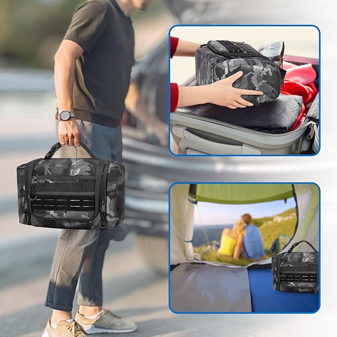 Hanging Toiletry Bag for Men, Tactical Dopp Kit Toiletry Travel Bag, Large Hygiene Organizer Shower Bag for Camping Outdoor, Black Camo