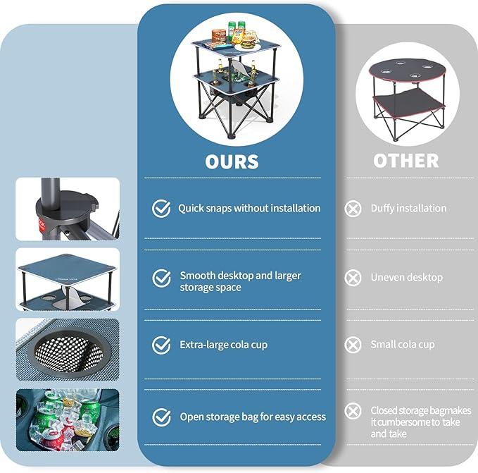 Folding Beach Table, Camping Table for Sand with Insulated Cooler Storage & 4 Cup Holders, Portable Pop Up Picnic Table, Lightweight Side Table for Outdoor