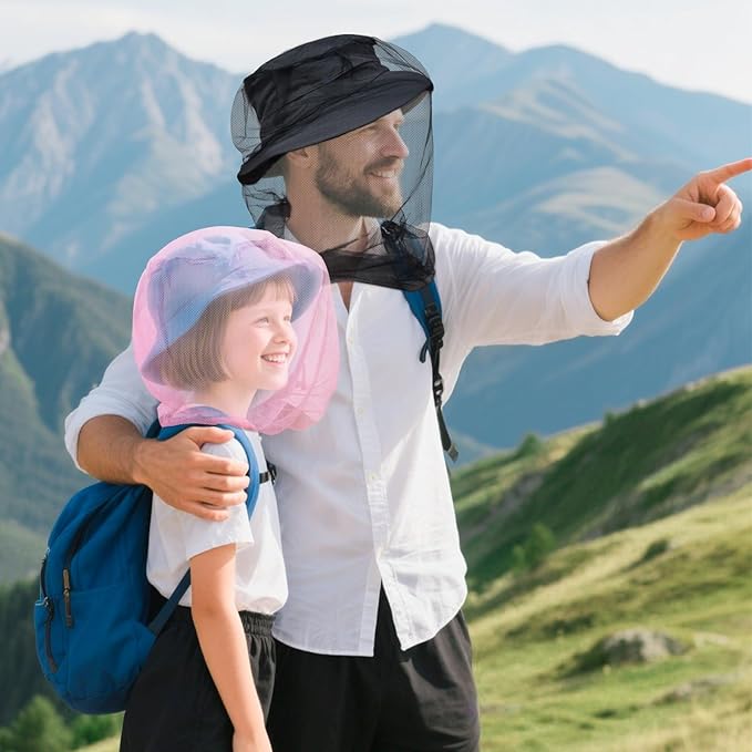 South to East Premium Girls Mosquito Head Net for Insect, 2 Pack, Fly & Bug Protection | Ultra Large & Long, Extra Fine Holes for Camping, Hiking, Fishing, Safari, Fits All Hats for 5-12 yrs, Pink