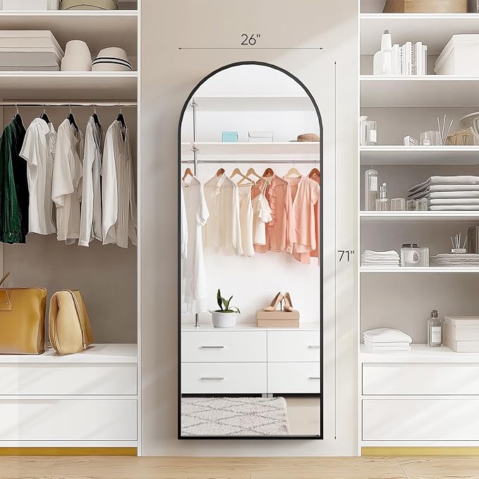 Arched Full Length Mirror, 71 x 26 inch Floor Mirror with Aluminum Alloy Thin Frame, Full Body Mirror for Wall Bedroom Dressing Home Decor, Black