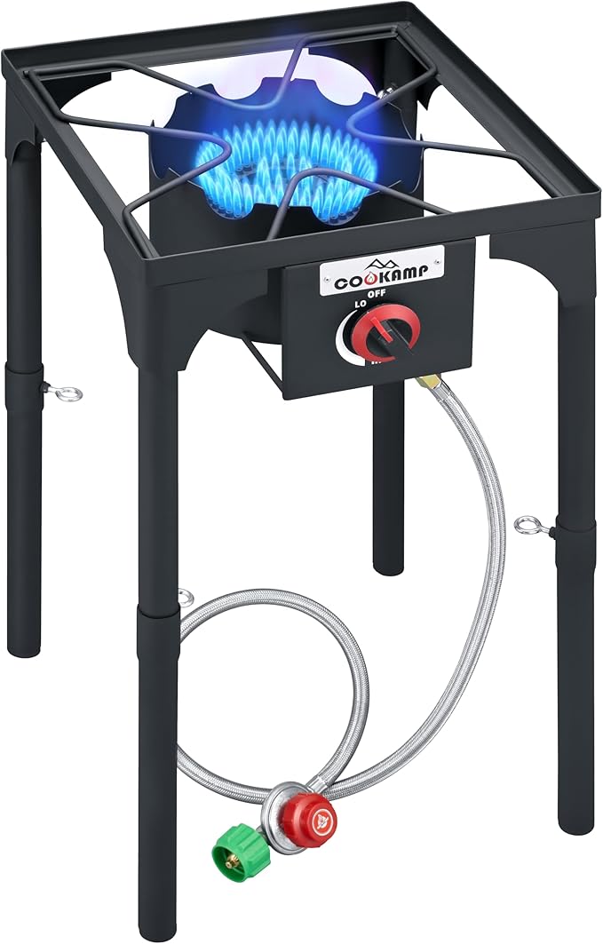 High Pressure Single Propane Burner 55,000BTU Outdoor Camping Stove with 0-20 PSI Adjustable Regulator and Steel Braided Hose (55,000BTU)