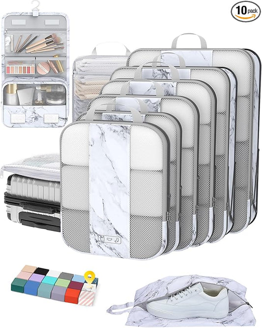 10 Set Compression Packing Cubes for Travel Essentials,Compressible Expandable Packing Cubes for Suitcase,OlarHike Luggage Organizer Bags for Travel,Handy Helper for Organizing Clothes(White Marble)