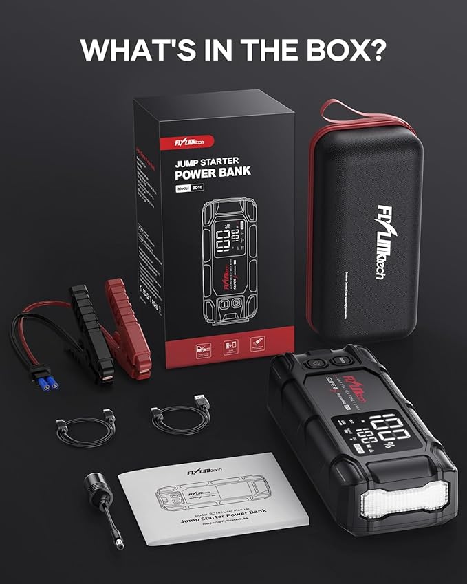 FLYLINKTECH Car Battery Jump Starter, 8000A Peak 26800mAh Jump Start Battery Pack(for All Gas or up to 12L Diesel),12V Jump Box with PD65W Fast Charging and 600 Lumen LED Light
