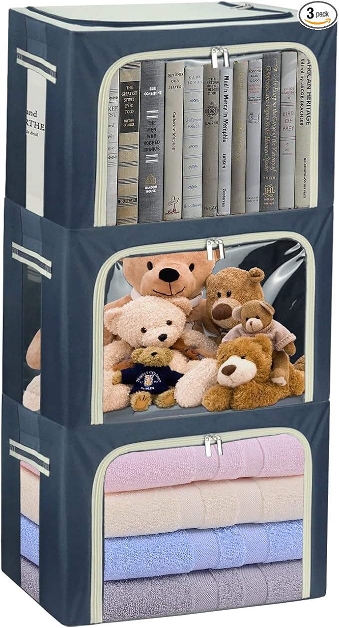 Clothes Storage Box Bins Stackable Foldable Organizer,Sturdy Handles with Metal Frame for Clothing Bedding Shelves,Closet Container with Clear Window Zipper and Label Holder (Navy, 40L x3 Pack)