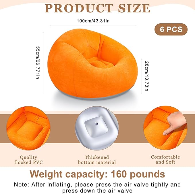 Realspring 6 Pcs Bean Bag Chairs for Adults Inflatable Chairs with Electric Air Pump,Blow up Couch Folding Portable Inflatable Couch Lazy Sofa for Reading Living Room Camping (Orange)