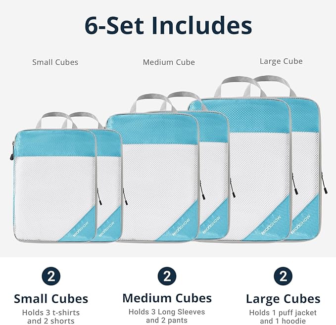 Compression Packing Cubes 6 Set, Compressible Space-Saving Packing Cubes for Travel - Compression Bags, Luggage Organizer, Travel Essentials for Women, Teal