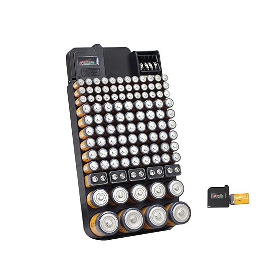 Bee Neat Battery Organizer and Storage Case with Tester - Battery Storage Box for Wall or Drawer - Max. 114 Batteries AA, AAA, 9Volt, C, D & Watch Batteries