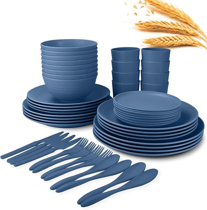 64-Piece Service for 8 Dinnerware Set - Unbreakable Wheat Straw Dinnerware sets of 64 - Dinner plates/Snack plates/Cereal bowls/Drinking Cups/Cutlery for Outdoor camping and indoors.Blue