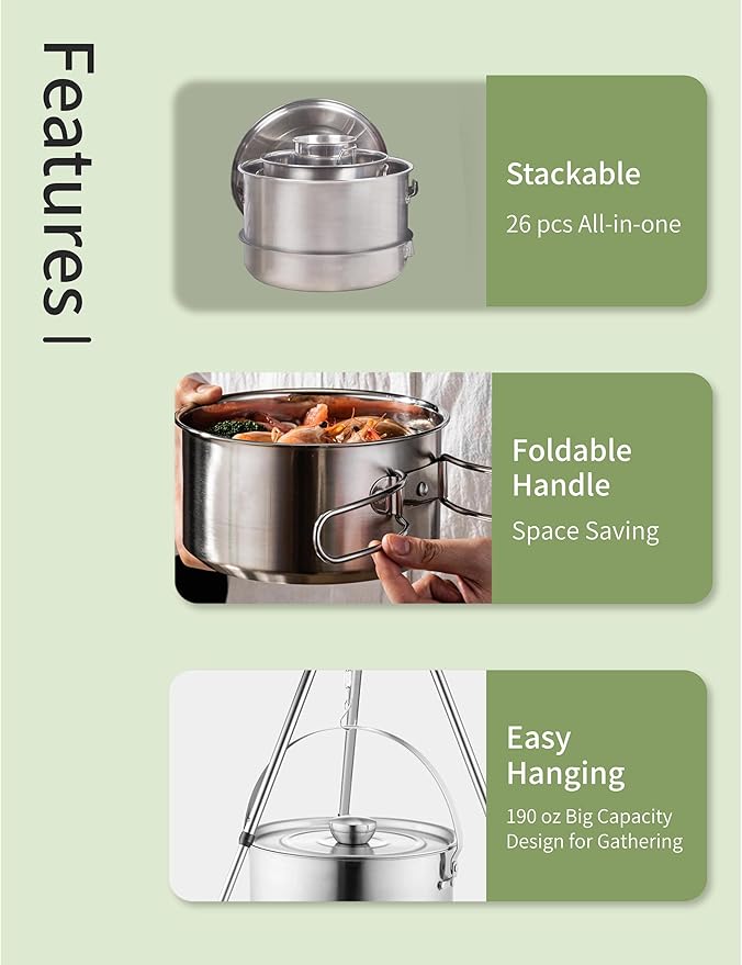 CampPro Camp Cooking Set for 4-8, Stainless Steel Camping Cookware Set, Camping Equipment with Carring Bag, Camping Pots and Pans Set for Campfire Cooking & RV & Backyard Picnic