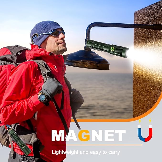 Small Tactical Flashlights High Lumens - 1500 Meters Long Beam Super Bright LED Magnetic Flashlight USB Rechargeable Zoomable 5Modes Long Beam Spotlight Flashlight for Hiking, Camping-Dark Green