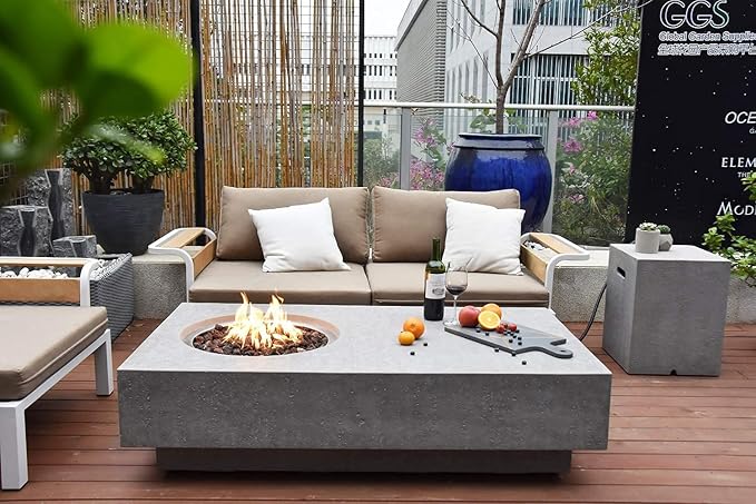 Elementi | Metropolis Gas Fire Pit Cast Concrete 56" Rectangular Fire Table, Outdoor Fire Pit Electronic Ignition | Canvas Cover, Lava Rock Included | Light Gray (Natural Gas)