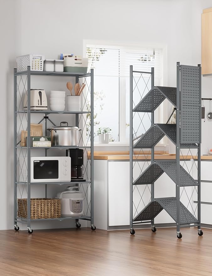 ALANNG 70.7" H Metal Storage Shelves, 5 Tier Folding Shelf on Wheels, Heavy Duty, No Assembly, Rolling, Collapsible Rack Unit for Kitchen, Basement, Pantry (Gray,4 Pack)