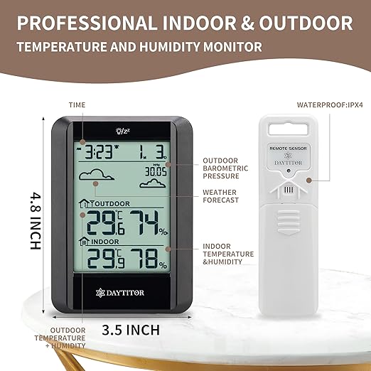 Outdoor Thermometer Wireless Weather Station Temperature and Humidity Monitor, Thermometers with 330ft Range Remote Sensor and Backlight Display Outdoor Thermometer Waterproof,Black