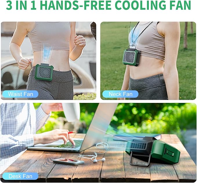 Portable Waist Fan, Personal Clip on Fan Rechargeable Hands-Free Hanging Neck/Desk Fans with 3-Speed Settings & LED Light, Small Wearable Cooling Belt Shirt Fans for Camping Travel Outdoors
