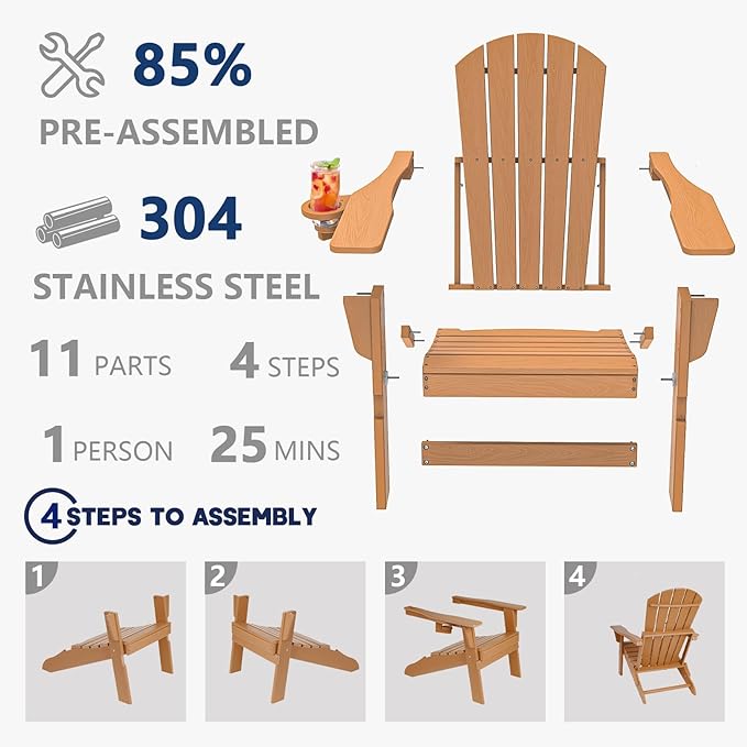 Folding Adirondack Chair, SGS Tested, Wooden Textured with Cup Holder, Heavy All-Weather HDPE Comfortable Set Poolside Backyard Lawn Teak Set 4