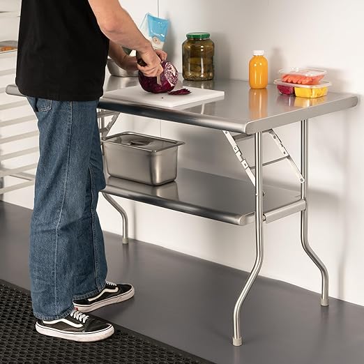 HARDURA Folding Stainless Steel Table 30X48 Inches with Adjustable Undershelf and Legs NSF Commercial Portable Folding Prep Table for Restaurant Kitchen Home and Hotel