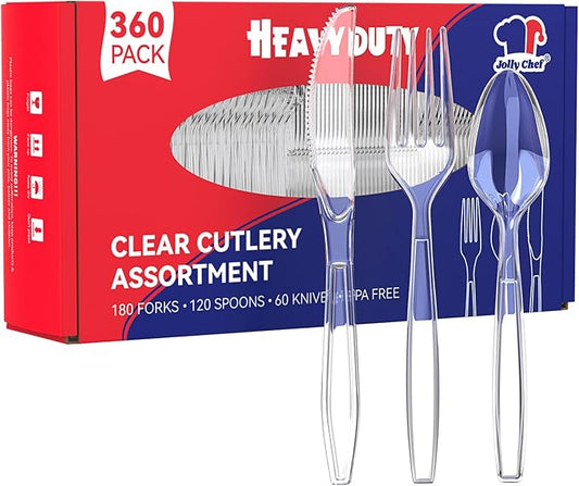 JOLLY CHEF 360 Count Heavy Duty Clear Plastic Silverware-180 Forks, 120 Spoons, 60 Knives, Heat Resistant Disposable Utensils Set, Clear Plastic Cutlery Set for Parties, Events, Everyday Use