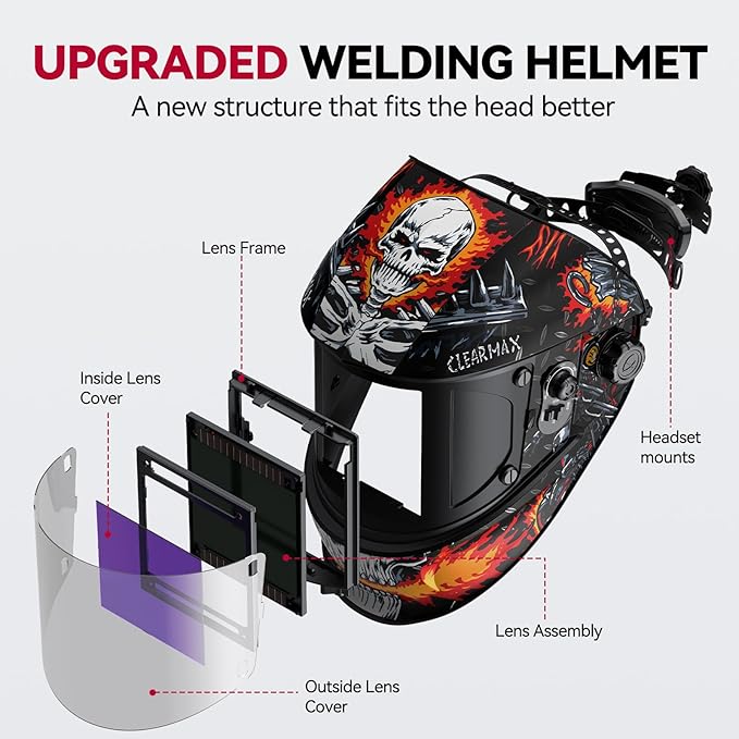 ARCCAPTAIN Large Viewing Screen 3.93"X3.66" Welding Helmet, True Color 1/1/1/1 Solar Power Auto Darkening Welding Hood with 4 Arc Sensor, Wide Shade 4/5-9/9-13 for TIG MIG ARC, Skeleton