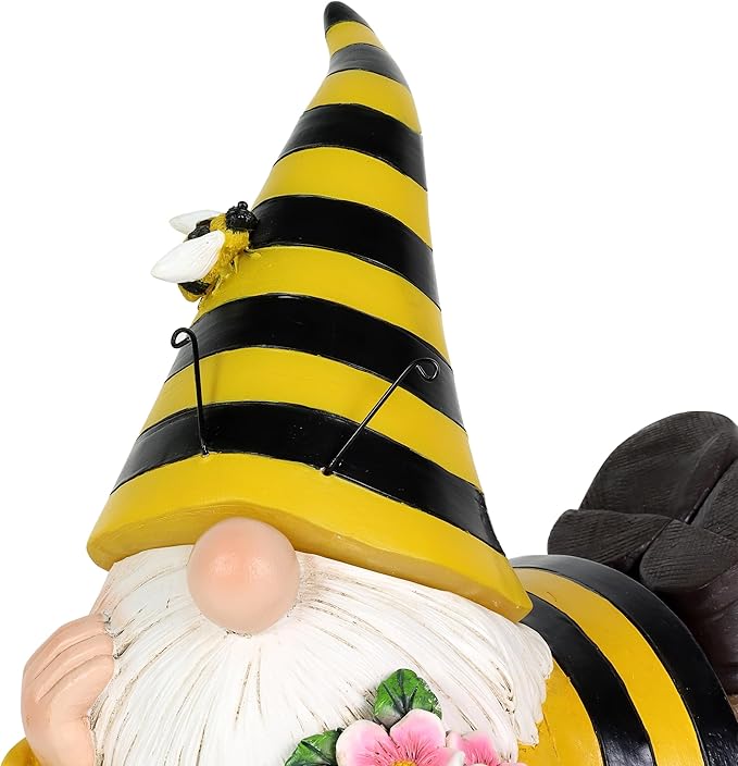 Exhart Solar Beekeeper Garden Gnome Statue, LED Hat, Flowers,Hand Painted Cute Yard Décor,5.5" x 8.5”
