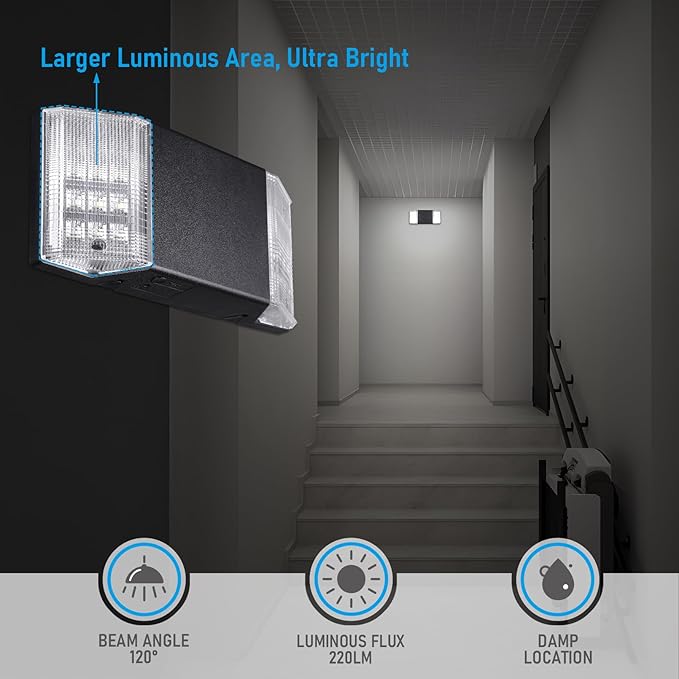 TORCHSTAR LED Emergency Lighting, Commercial Emergency Lights with Battery Backup, UL Listed, Two Square Heads, AC 120/277V, Hardwired Exit Light Fixtures for Business, Black, Pack of 4