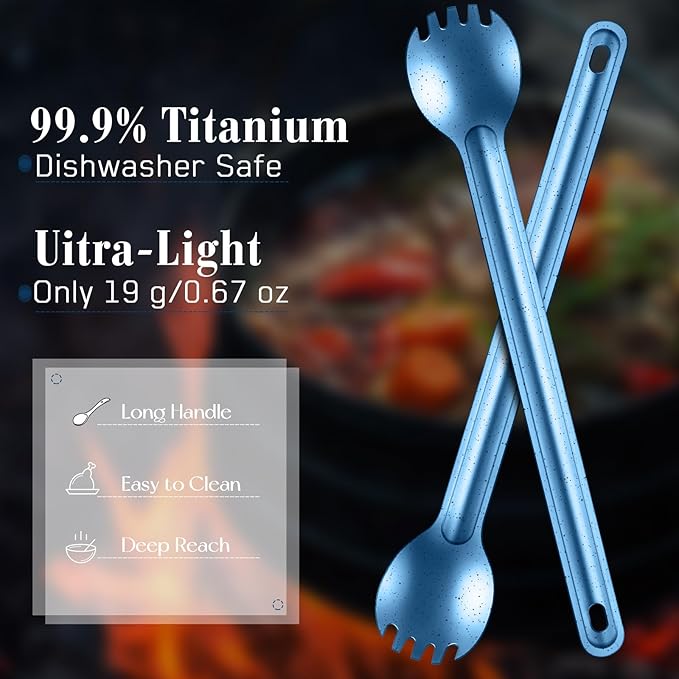 4 Pieces Titanium Long Handle Spork and Spoon Ultralight Portabale Flatware 8.7 Inch Soup Spoon Camping Spork for Outdoor Camping Backpacking Hiking Travel Picnic Tableware (Blue)