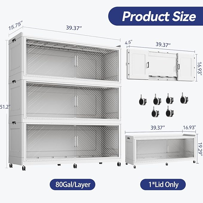 240GAL Extra Large Stackable Storage Bins with Lid, 960QT Plastic Closet Organizer and Storage Cabinet with Wheels and Doors, Folding Storage Box Container for Home Organization, 3Pack White
