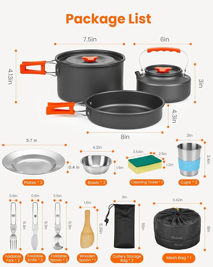22Pcs Camping Cookware Mess Kit for 2, Lightweight Camping Kitchen Pots and Pans Set, Portable Camping Essentials for Backpacking, Camping Cooking Hiking and Picnic