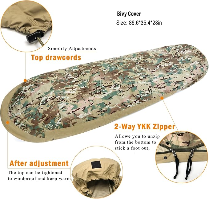 MT Army Military Modular Sleeping Bags System, Multi Layered with Bivy Cover for All Season, Woodland/Multicam