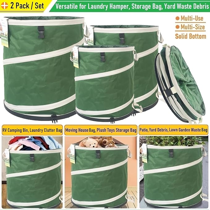 2-Pack 24 Gallon Collapsible Trash Can (19x21 in) Solid Bottom for Pop-Up Trash Can,Recycling Bin,Camping Waste Bin,Laundry Hamper,Yard Waste Bag,Yard Debris Bag,Lawn Grass,Garden Weeds Bags,Leaf Bags