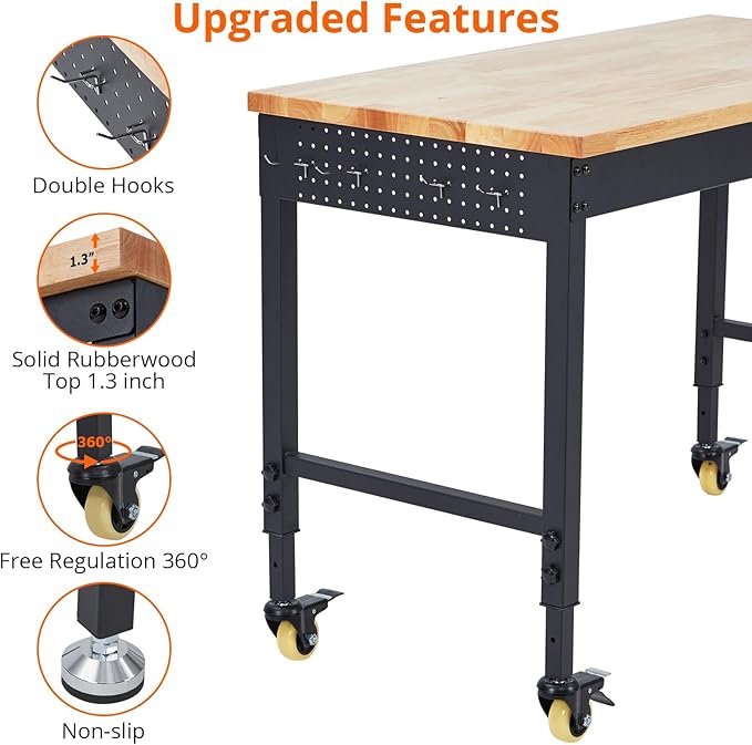 60" Workbench, Heavy Duty Adjustable Height Table with Power Outlets, Portable Garage & Workshop Work Bench, 2000 LBS Capacity, Office, Home Use, Easy Assembly, Multipurpose Utility Table