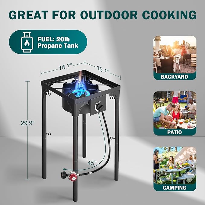 Single Burner Propane Stove, 75,000 BTU/hr, High Pressure Outdoor Propane Burner with 0-20 PSI Regulator and 4ft Hose, Gas Stove for Patio Backyard Camping with Detachable Stand Legs