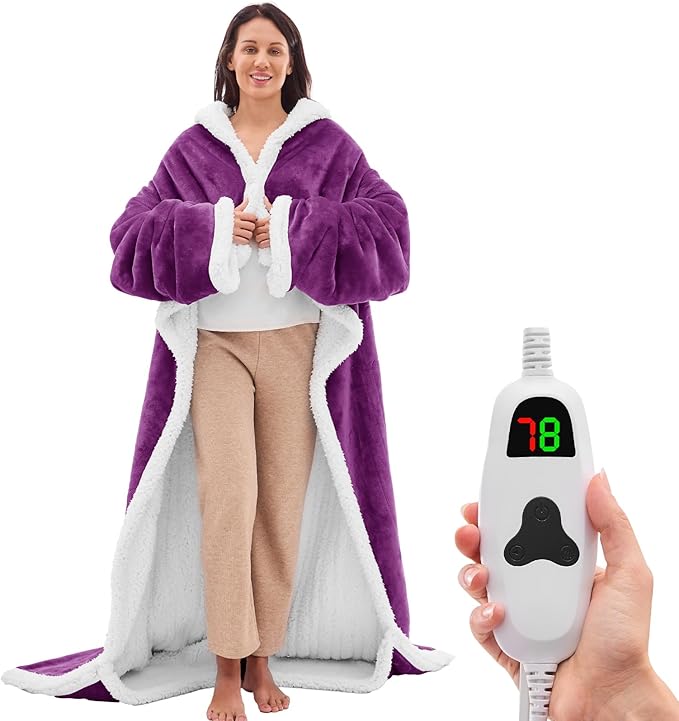 greenoak Wearable Heated Throw Blanket Electric Snuggle - Heated Robe with Foot Pocket for Adult, Winter Gifts for Mom Women 5-Position Timer 10-Heating Levels,50 * 70",Purple