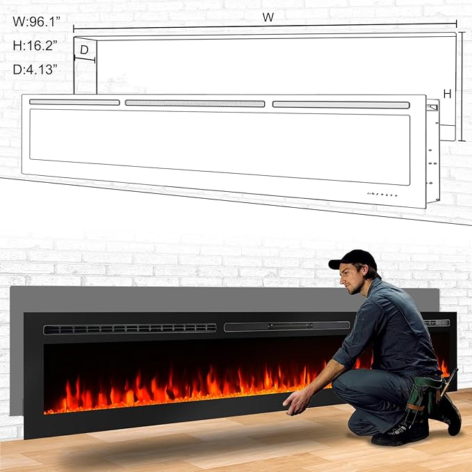 CharaVector 100 inch 750W/1500W Electric Fireplace Inserts with Remote Control in Wall Mounted, Energy Saving LED Insert Fireplace Heater Indoor Glass View with Remote Control & Touch Screen, Black