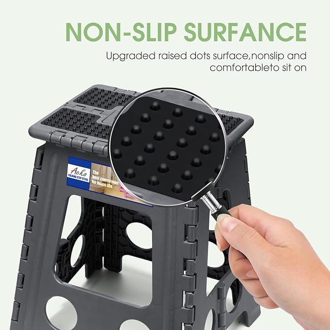 ACKO Folding Step Stool Foldable 16 Inch Stools for Adults and Kids, Plastic Stools Tall 400 lbs Capacity, Collapsible Stool for Kitchen, Stepping Foot Stool with Handle, Dot Grey, 1 PC