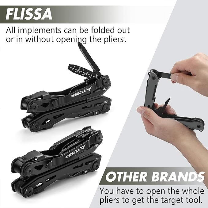 FLISSA 16-in-1 Stainless Steel Multi Tool, Gift for Dad, EDC Multitool with Pocket Knife, Pliers, Belt Clip and Oxford Sheath, Self-locking Utility Multi-Tool for Camping Survival Outdoor