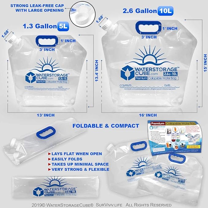 WaterStorageCube Premium Collapsible Water Container Bag, BPA Free Food Grade Clear Plastic Storage Jug for Camping Hiking Backpack Emergency, No-Leak Freezable Foldable Water Bottle 1.3/2.6 Gallon