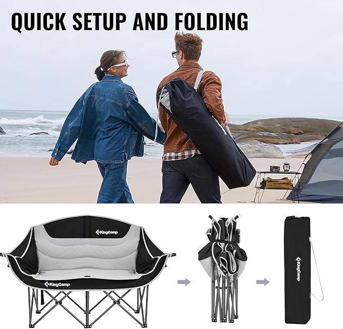 KingCamp Double Camping Chair, Oversized Heavy Duty Loveseat for Adults Portable Folding XL 2 Person Couch Padded Comfortable Two Seat with Cup Holder for Outdoor Lawn Backyard
