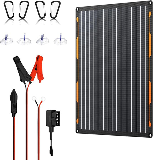 FlexSolar 20W 12V Solar Panel Charger Kit with Built-in Charge Controller - Portable Waterproof Solar Trickle Charger Battery Maintainer, Cig Plug & Alligator Clips for Car, Boat, RV, Tractor