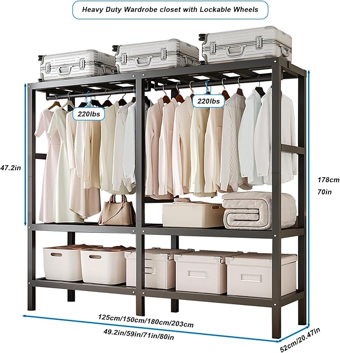FPIGSHS Heavy Duty Clothes Rack with Magnetic Door 2000LBS Foldable Portable Wardrobe Closet for Hanging Clothing Rolling Garment Rack on Wheels for Bedroom Closet System (C(Pattern Door, 59in)