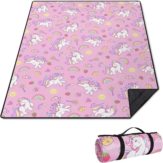 Extra Large Picnic Outdoor Blanket 60''x80'' Pink Unicorn Waterproof and Sandproof Picnic Mat for Beach Foldable Camping Accessories for Grass Lawn Park