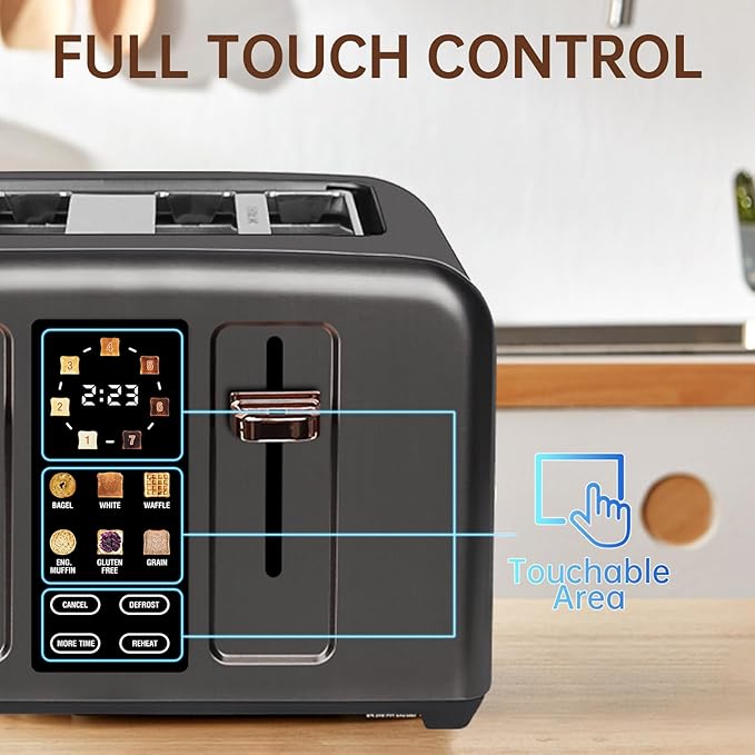 SEEDEEM Toaster 4 Slice, Full Touch control Toaster, LCD Display, 6 Bread Type, 7 Shade Settings, 1.4''Wide Slots，More Time Function, Removable Crumb Tray, 1800W, Dark Metallic