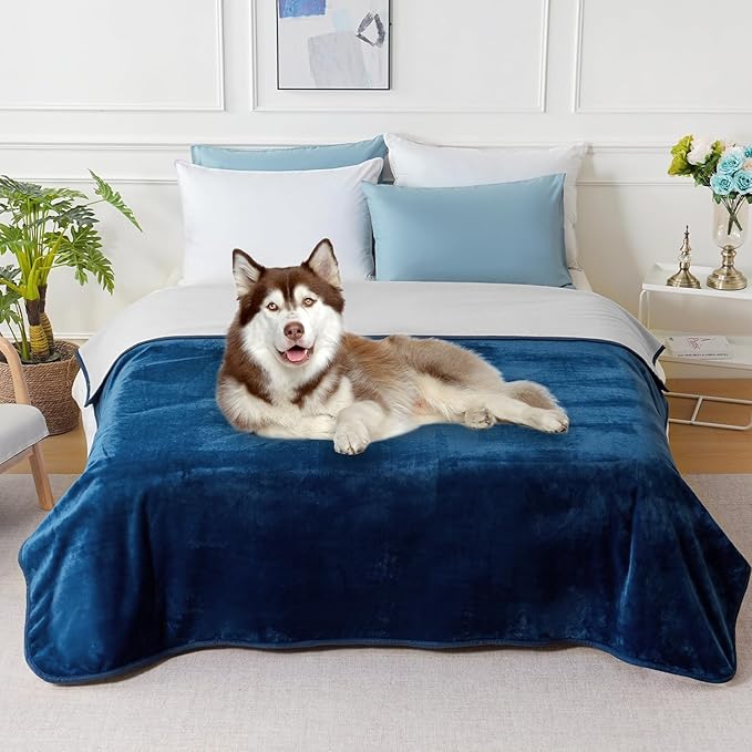 SOCHOW Waterproof Blanket for Bed Sofa Couch, Water Resistant Blanket Washable 60"x80", Reversible Leakproof Bed Cover for Adults Elderly Pets, Navy Blue & Light Grey
