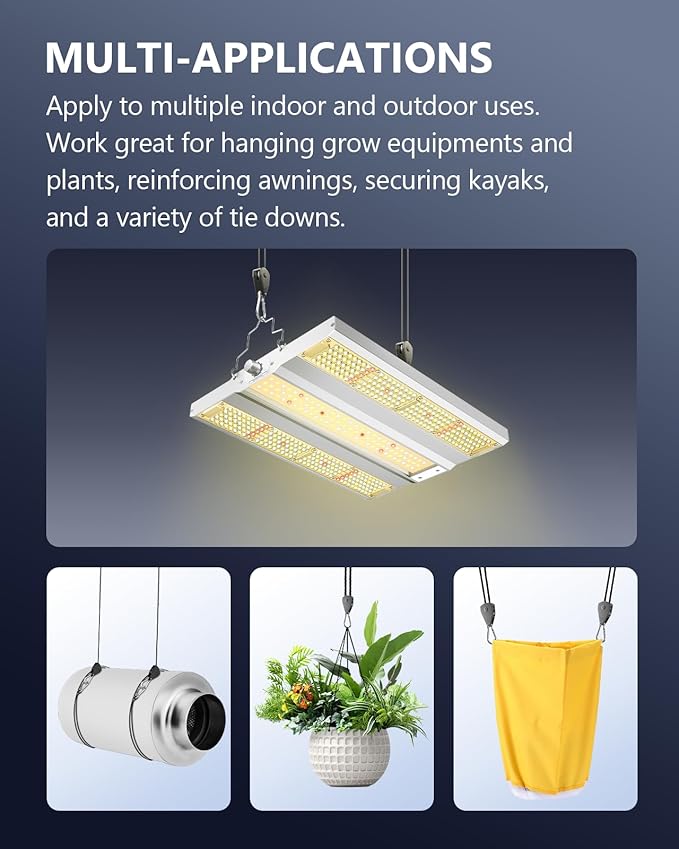 VIPARSPECTRA Retractable Heavy Duty Ratchet Tie Down Straps [8 Pack, 8ft, 75lbs/Pack], Rope Pulley System with Carabiner Hook Rope Adjuster for Hanging Plants/Grow Light/Tents Various Tie-Down Uses