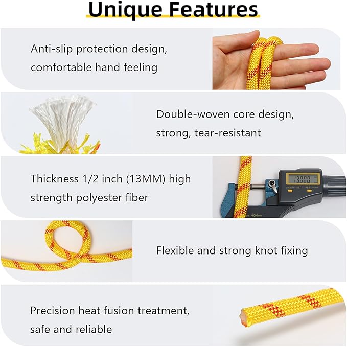 Arborist Rope, 1/2 Inch x 100 Feet Double Braided Climbing Rope Polyester for Outdoor, Climbing, Hiking, Swing, Tree Work, Halyard, Sailing etc(Yellow)