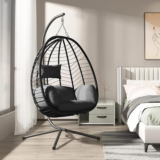 Hanging Egg Chair with Stand, Outdoor Indoor Egg Swing Chair with Cushion Headrest for Patio, Porch, Balcony, Bedroom, 350LBS Capacity (Black)